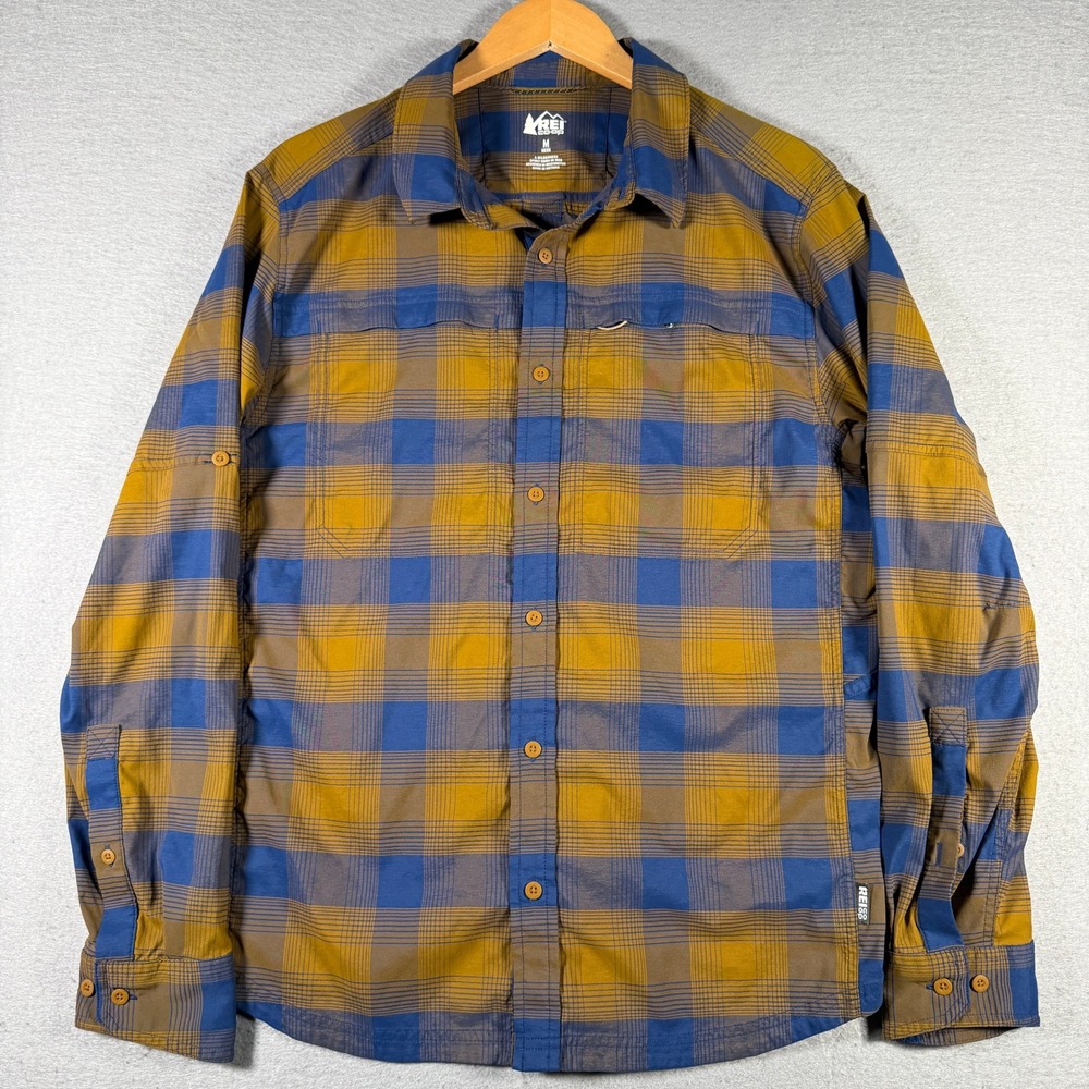 REI Co-op Mens Sahara Plaid Long Sleeve Button Down Shirt Yellow Blue Medium